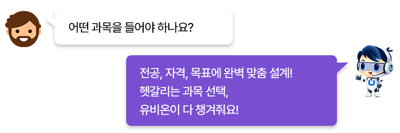 질문:어떤 과목을 들어야 하나요? / 답변:전공, 자격, 목표에 완벽 맞춤 설계! / 헷갈리는 과목 선택, / 유비온이 다 챙겨줘요!