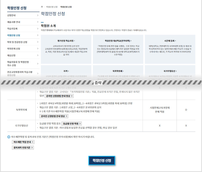 학점은행 홈페이지 화면 캡쳐