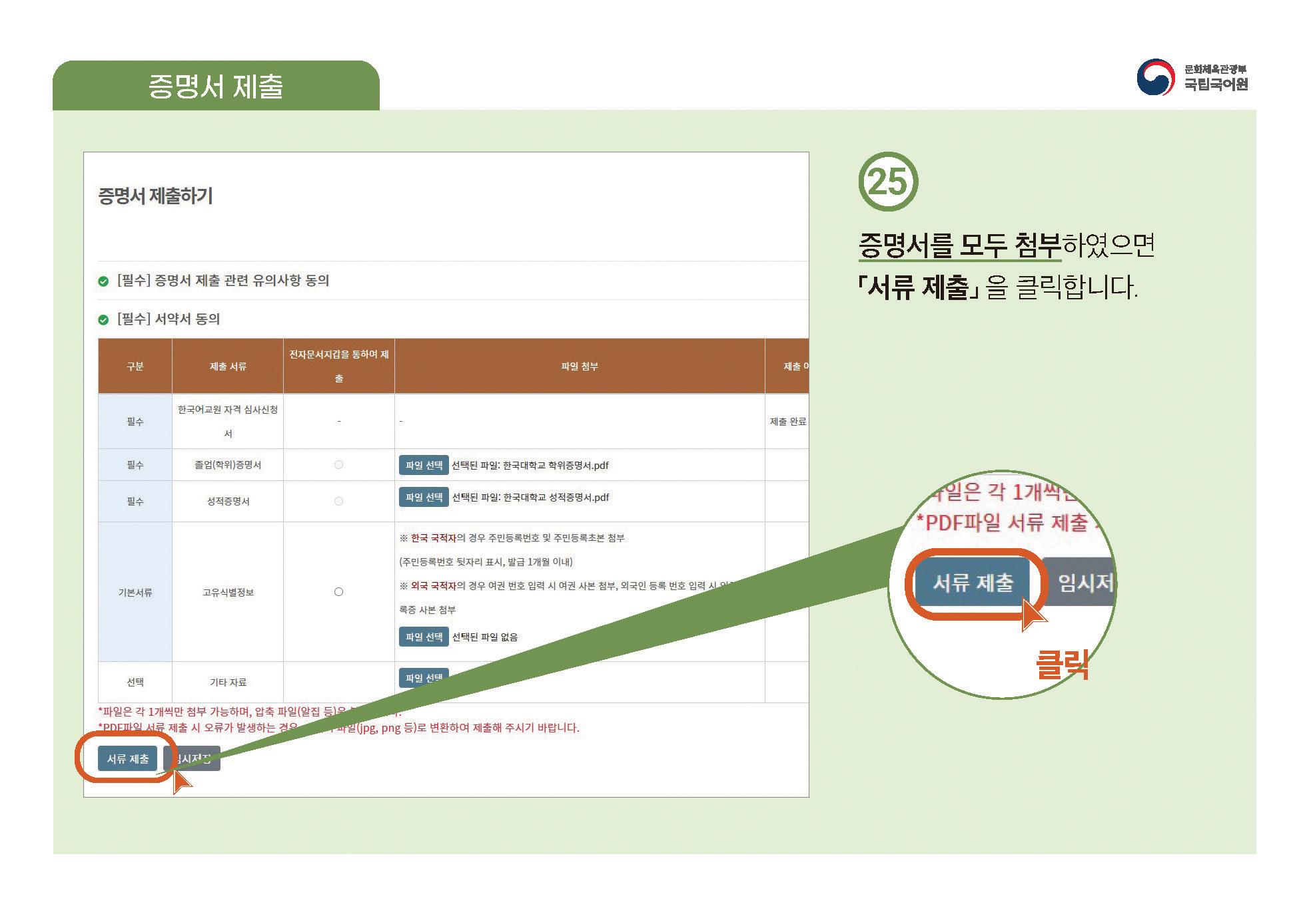 한국어교원 자격부여(개인 자격 심사) 신청 방법 안내 PDF 캡처:페이지 상단에 PDF 첨부